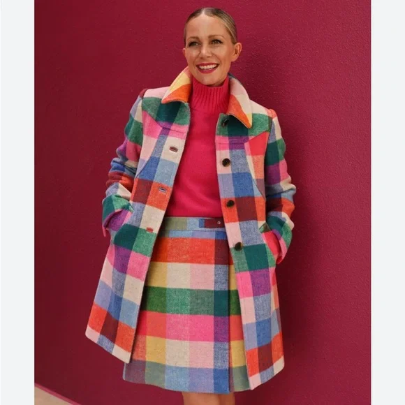 Boden Lincoln wool check coat multi color rainbow checkered coat jacket NWOT - Picture 2 of 11